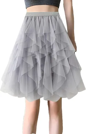 Women Fashion Skirt for High Waist Pleated Mesh Female Lady Irregular A Line Skirt