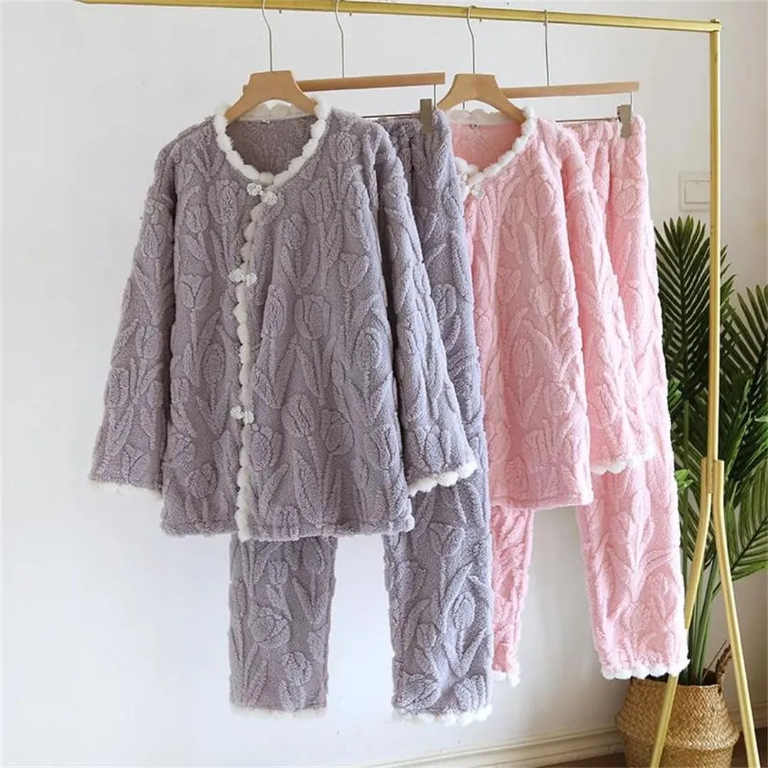 Women Fleece Long Sleeve Pajamas Set Winter Warm Sleepwear Two-Piece Lounge Set