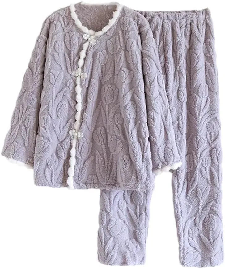 Women Fleece Long Sleeve Pajamas Set Winter Warm Sleepwear Two-Piece Lounge Set