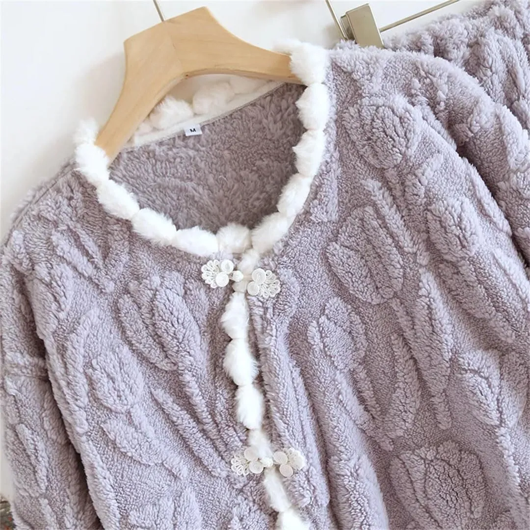 Women Fleece Long Sleeve Pajamas Set Winter Warm Sleepwear Two-Piece Lounge Set