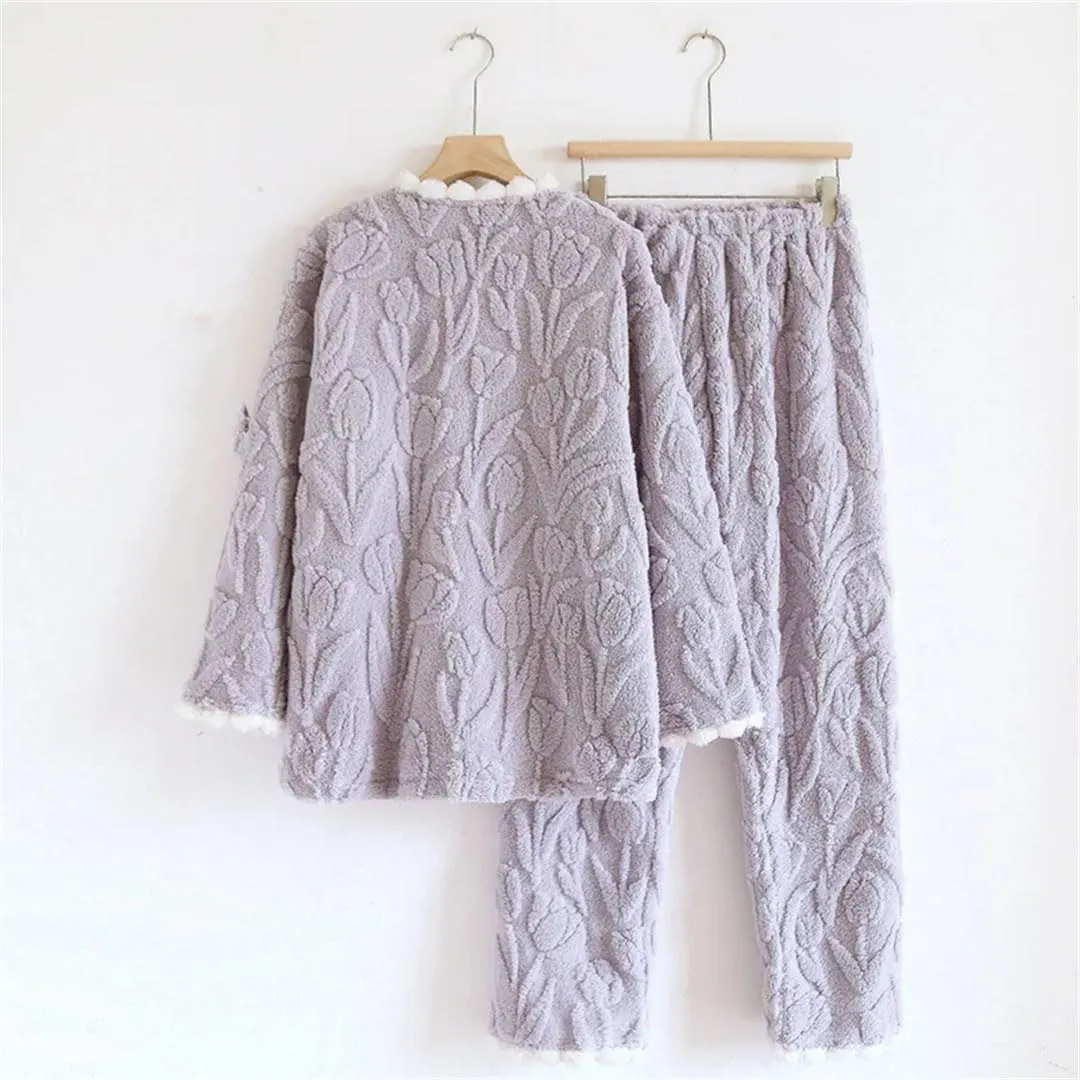 Women Fleece Long Sleeve Pajamas Set Winter Warm Sleepwear Two-Piece Lounge Set