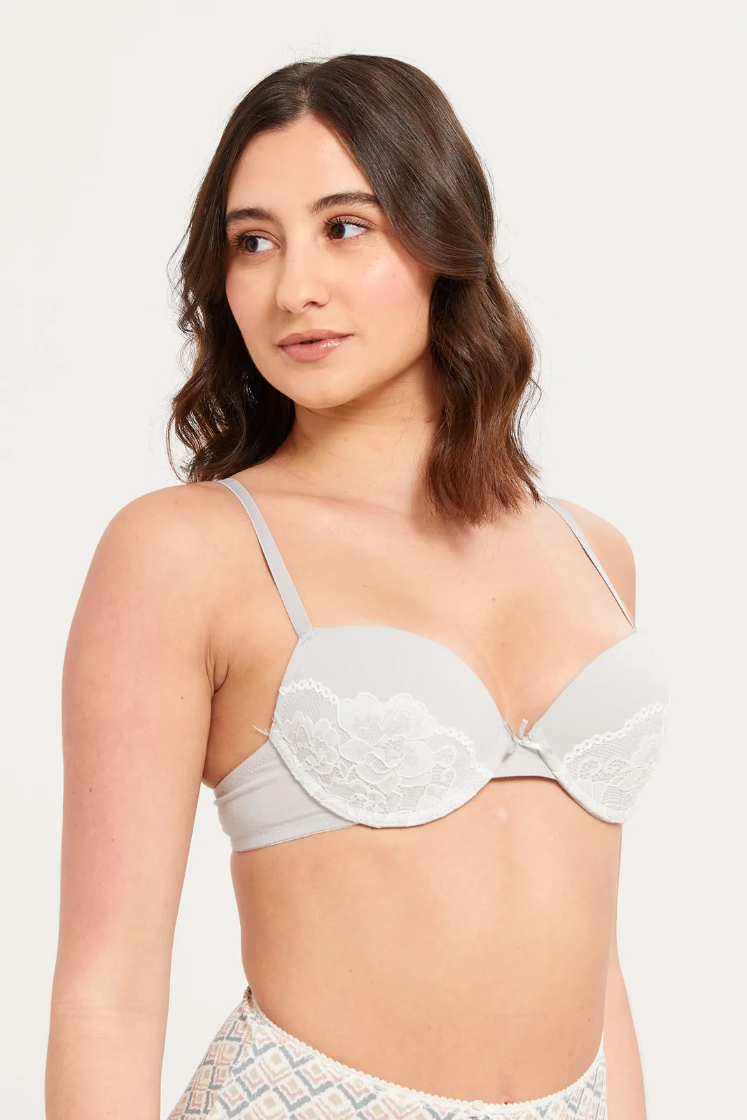 Women Grey Lace Padded T-Shirt Bra Set (Pack of 2)