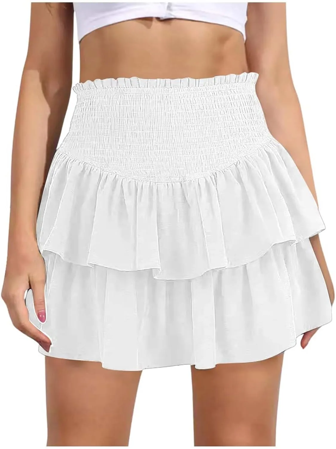 Women High Elastic Waist Pleated Mini Skirt Casual Asymmetric Ruffle Tiered Skorts Basic Stretchy Flared Inner Shorts Skirts