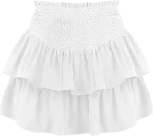 Women High Elastic Waist Pleated Mini Skirt Casual Asymmetric Ruffle Tiered Skorts Basic Stretchy Flared Inner Shorts Skirts