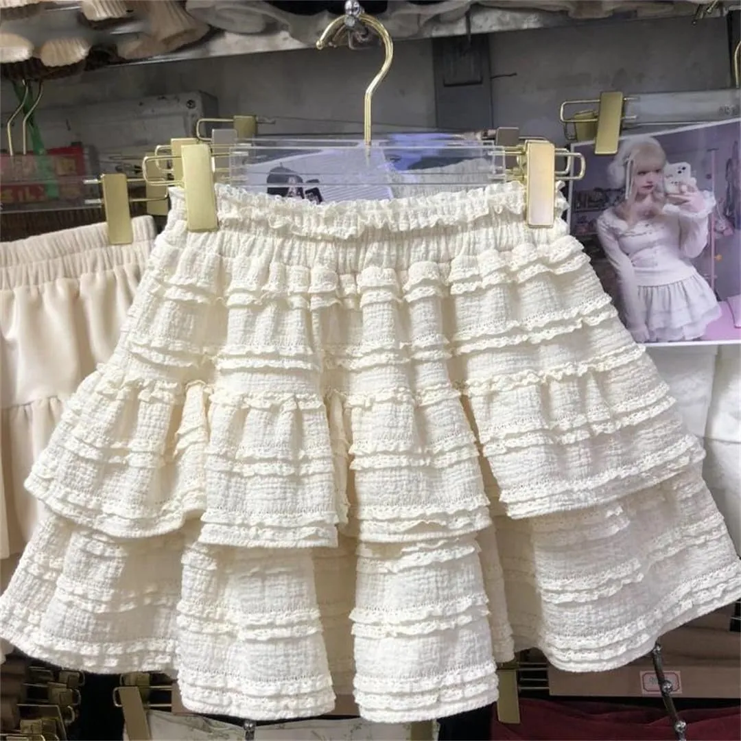 Women High Waist A-Line Skirts Ruffled Lace Pleated Mini Skirts