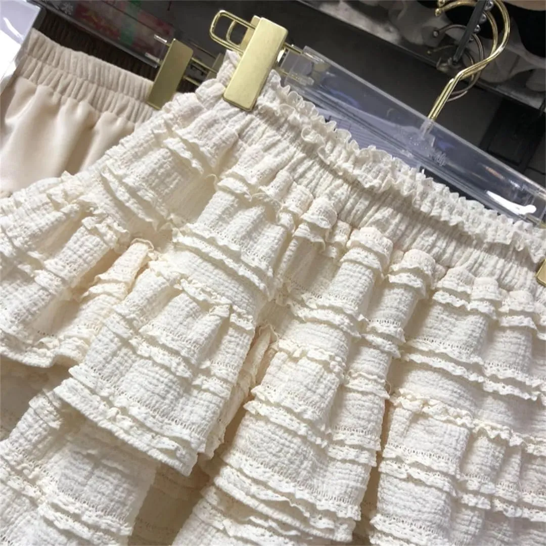 Women High Waist A-Line Skirts Ruffled Lace Pleated Mini Skirts