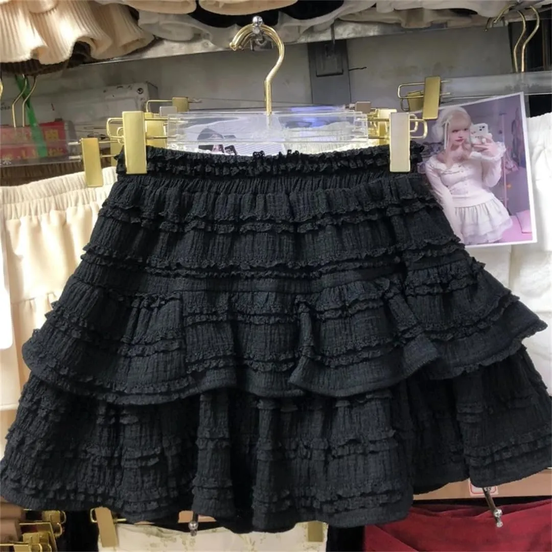 Women High Waist A-Line Skirts Ruffled Lace Pleated Mini Skirts