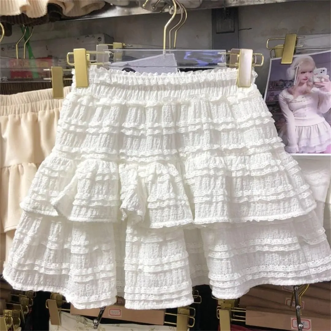 Women High Waist A-Line Skirts Ruffled Lace Pleated Mini Skirts