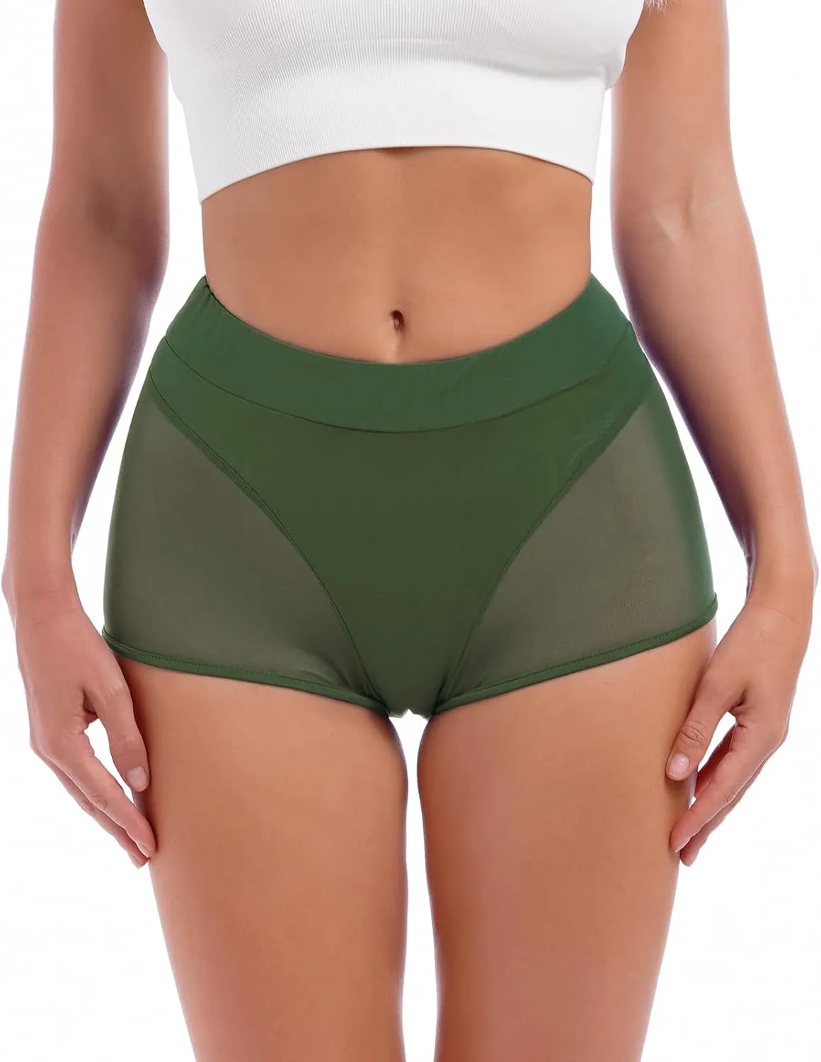 Women High Waist Mesh Tulle Spliced Activewear Yoga Shorts Dance Bottoms Rave Booty Shorts Mini Hot Pants