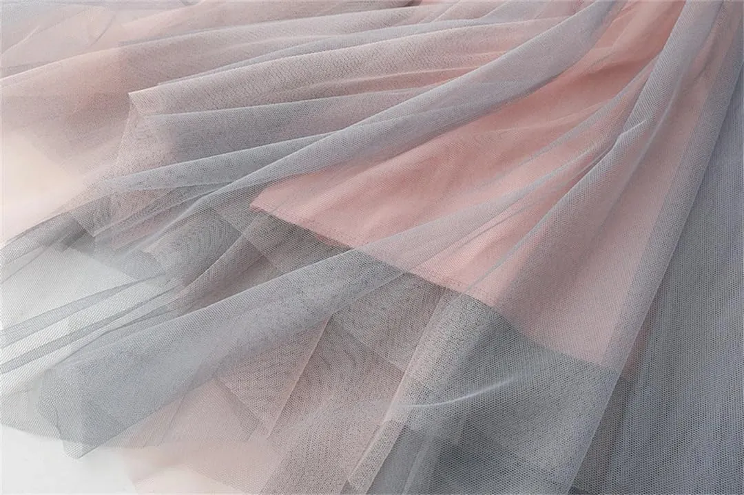 Women Irregular Midi Long Skirt A-Line Gradient Color Skirts High Waist Skirt Tulle Skirts