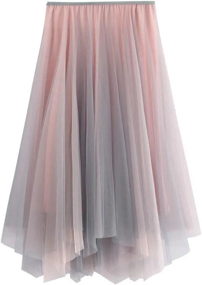Women Irregular Midi Long Skirt A-Line Gradient Color Skirts High Waist Skirt Tulle Skirts