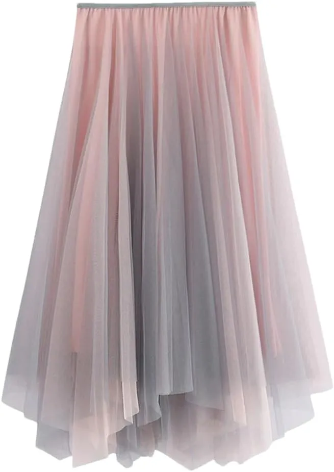Women Irregular Midi Long Skirt A-Line Gradient Color Skirts High Waist Skirt Tulle Skirts
