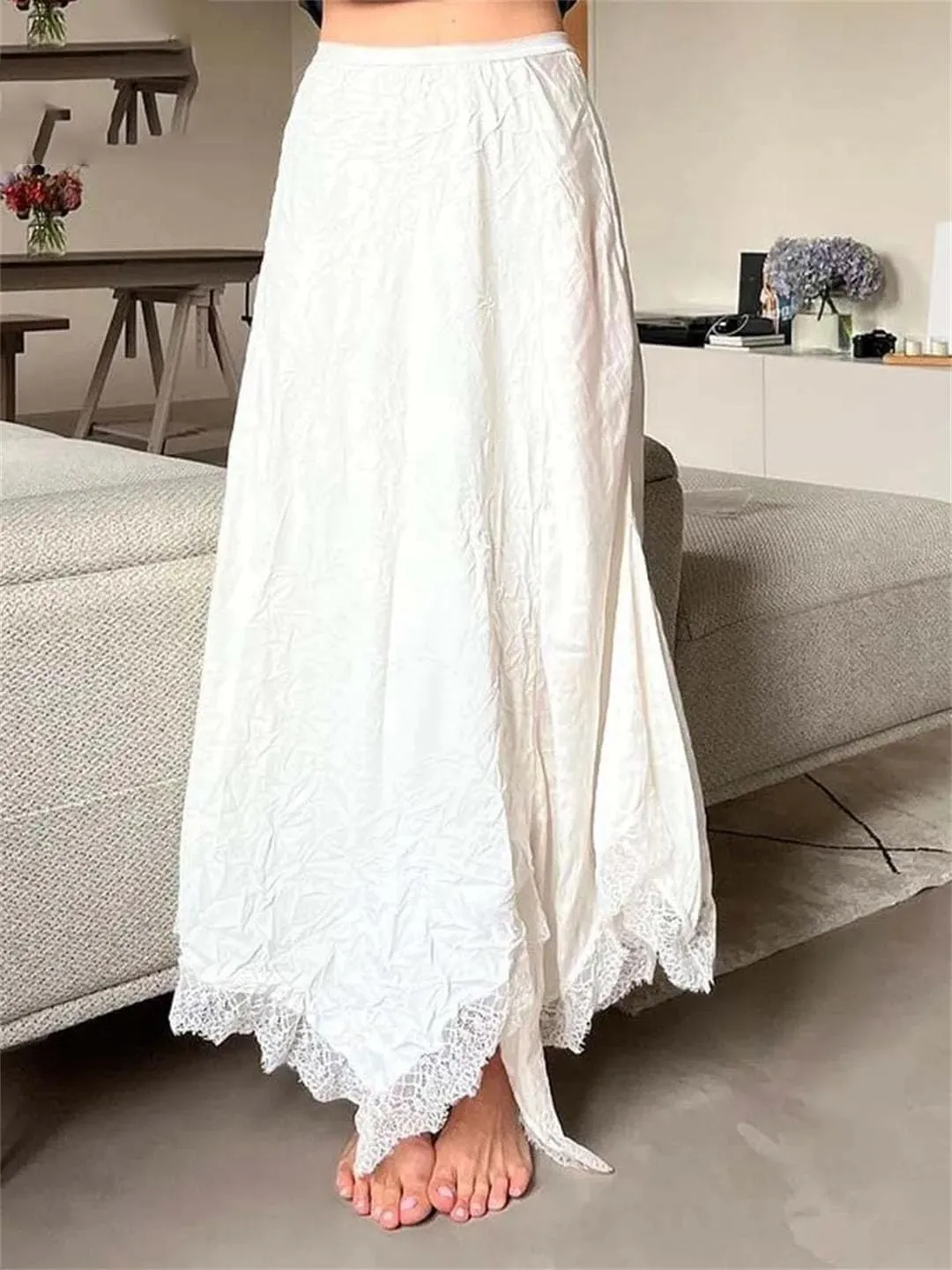 Women Lace Casual High Waisted Loose Skirts Elegant Solid Ankle-Length Skirts