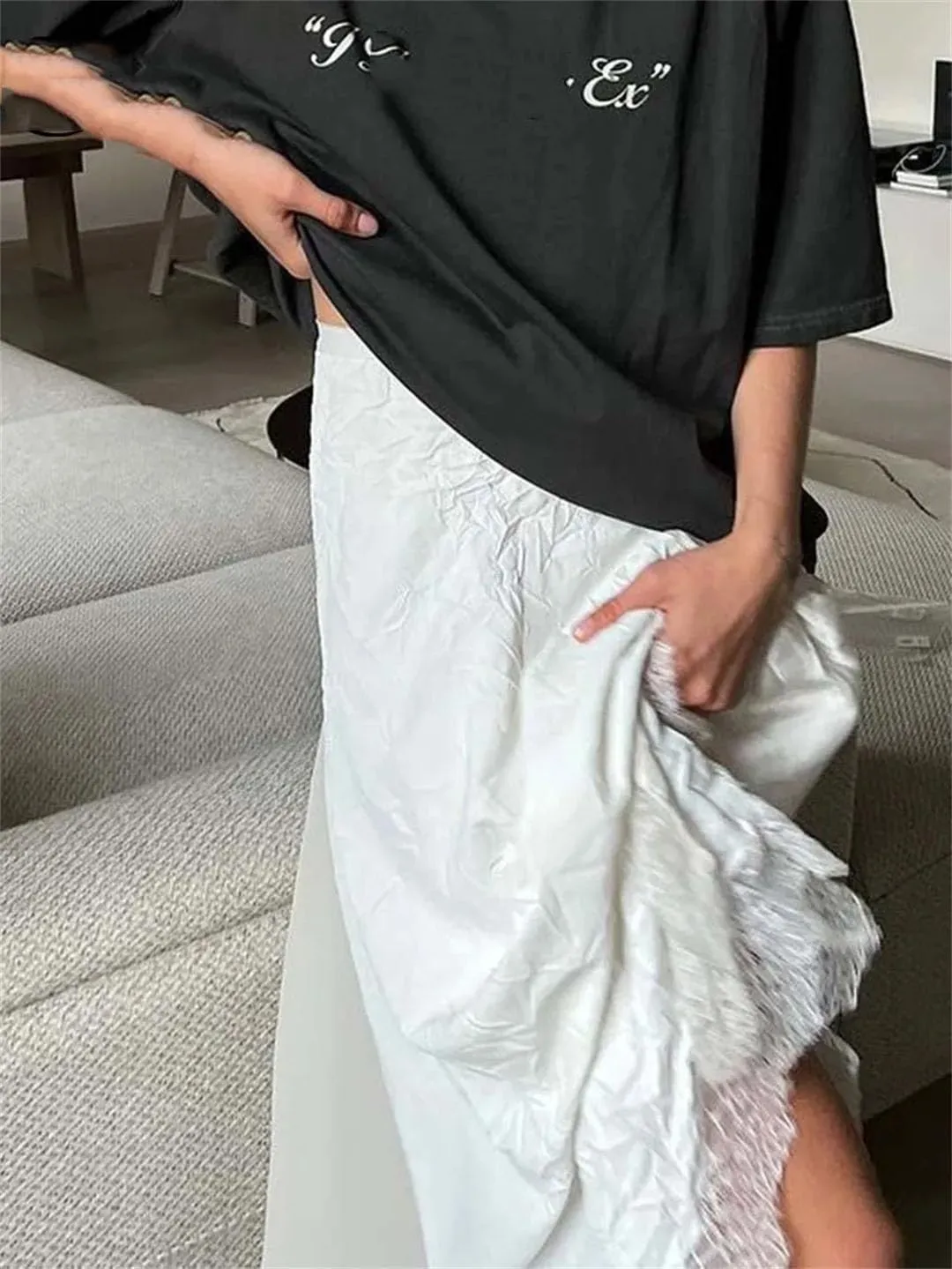 Women Lace Casual High Waisted Loose Skirts Elegant Solid Ankle-Length Skirts