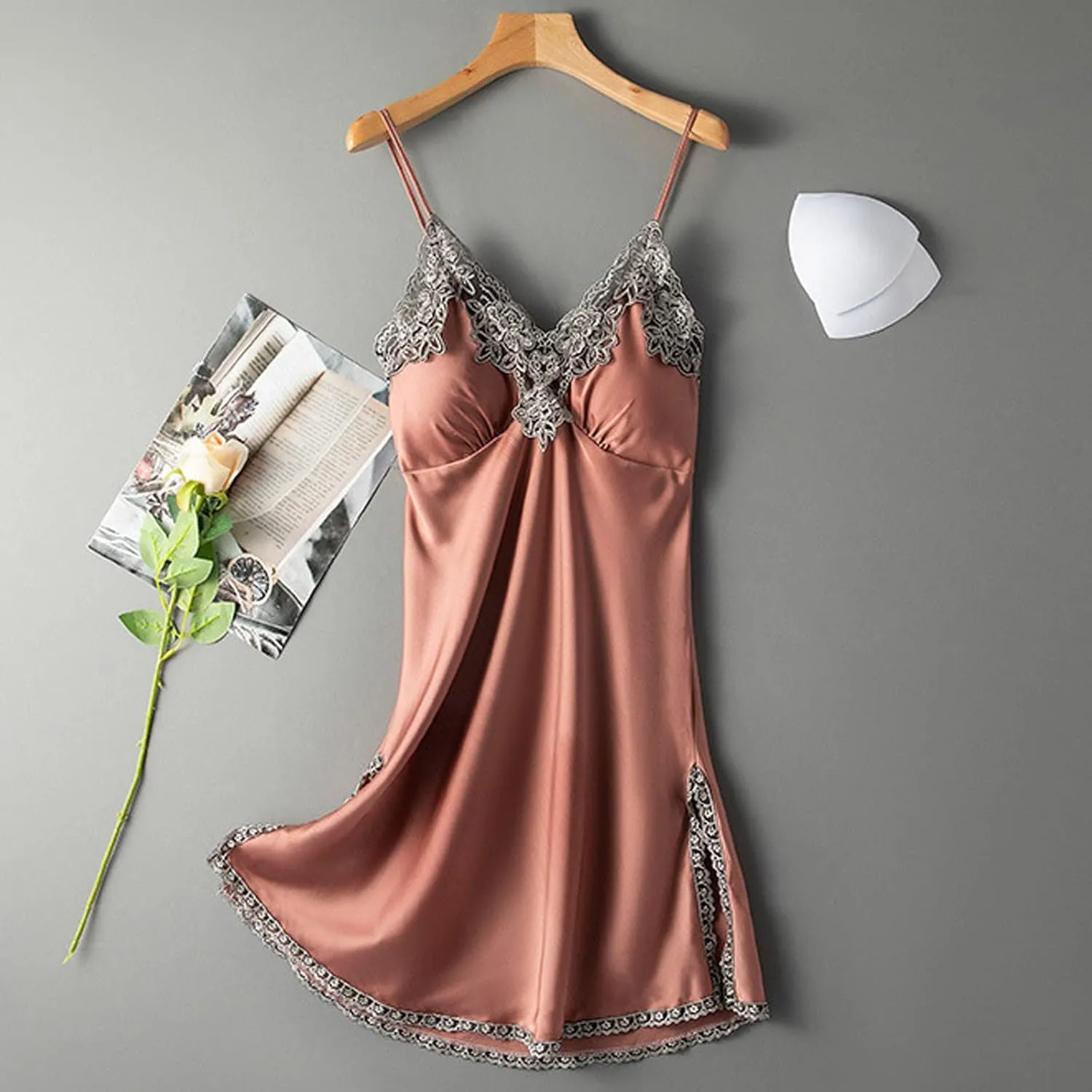 Women Lacy Trim Babydoll Lingerie Sexy Deep V Neck Chemise Nightgown Satin Pajamas Silk Slip Dress Negligee Nightie