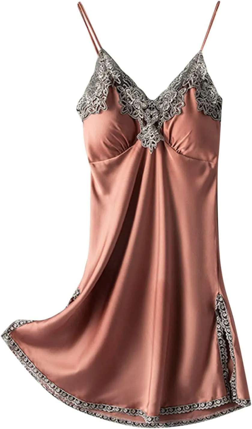Women Lacy Trim Babydoll Lingerie Sexy Deep V Neck Chemise Nightgown Satin Pajamas Silk Slip Dress Negligee Nightie