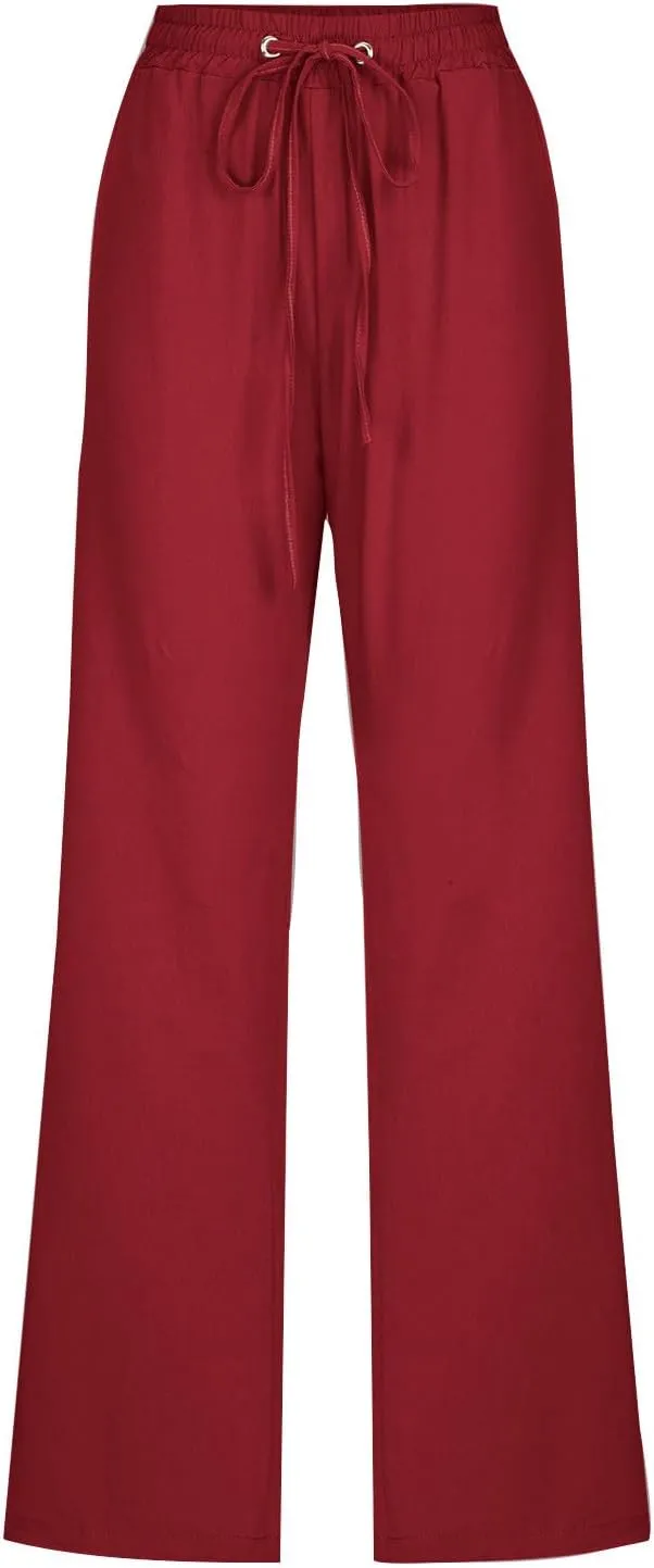 Women Linen Pants Straight Leg Palazzo Pants Summer Beach Pants Elastic Waist Drawstring Work Pants Long Trousers