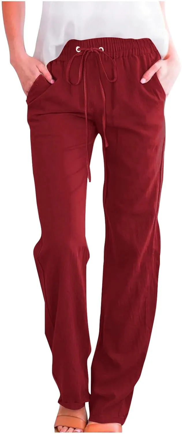 Women Linen Pants Straight Leg Palazzo Pants Summer Beach Pants Elastic Waist Drawstring Work Pants Long Trousers