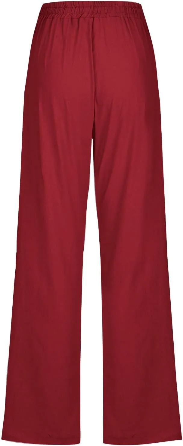 Women Linen Pants Straight Leg Palazzo Pants Summer Beach Pants Elastic Waist Drawstring Work Pants Long Trousers