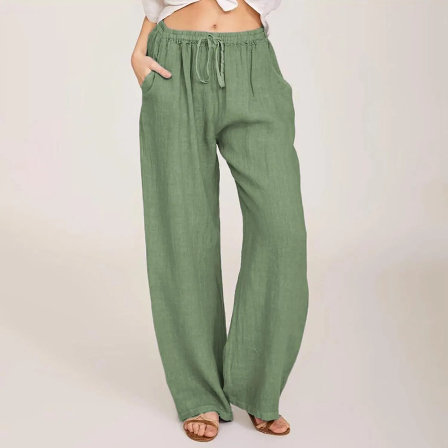 Women Linen Pants Summer Casual Beach Pants Drawstring High Waisted Wide Leg Pants Loose Trousers with Pockets