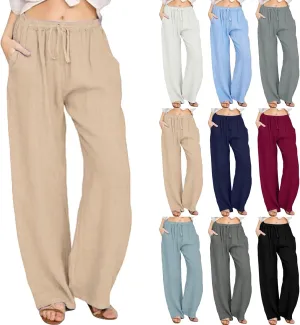 Women Linen Pants Summer Casual Beach Pants Drawstring High Waisted Wide Leg Pants Loose Trousers with Pockets