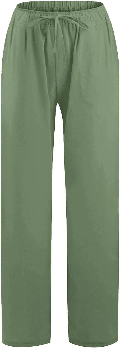 Women Linen Pants Summer Casual Beach Pants Drawstring High Waisted Wide Leg Pants Loose Trousers with Pockets