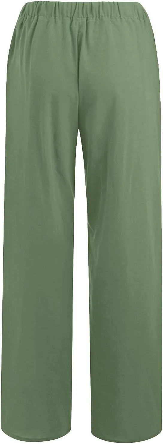 Women Linen Pants Summer Casual Beach Pants Drawstring High Waisted Wide Leg Pants Loose Trousers with Pockets