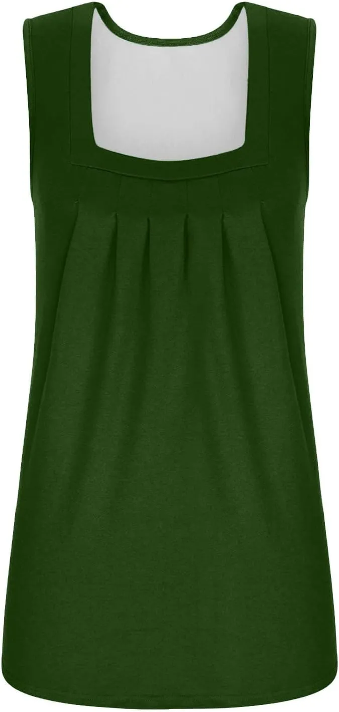 Women Loose Fit Tank Tops Cotton Pleated Square Neck Sleeveless Wide Strap Curved Ruffle Flowy Blouse Shirts