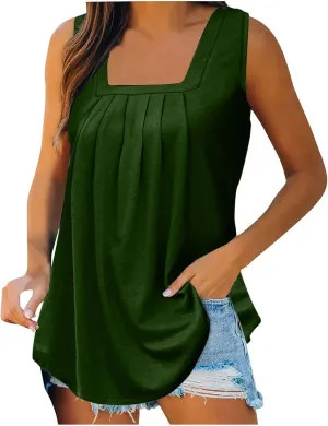 Women Loose Fit Tank Tops Cotton Pleated Square Neck Sleeveless Wide Strap Curved Ruffle Flowy Blouse Shirts