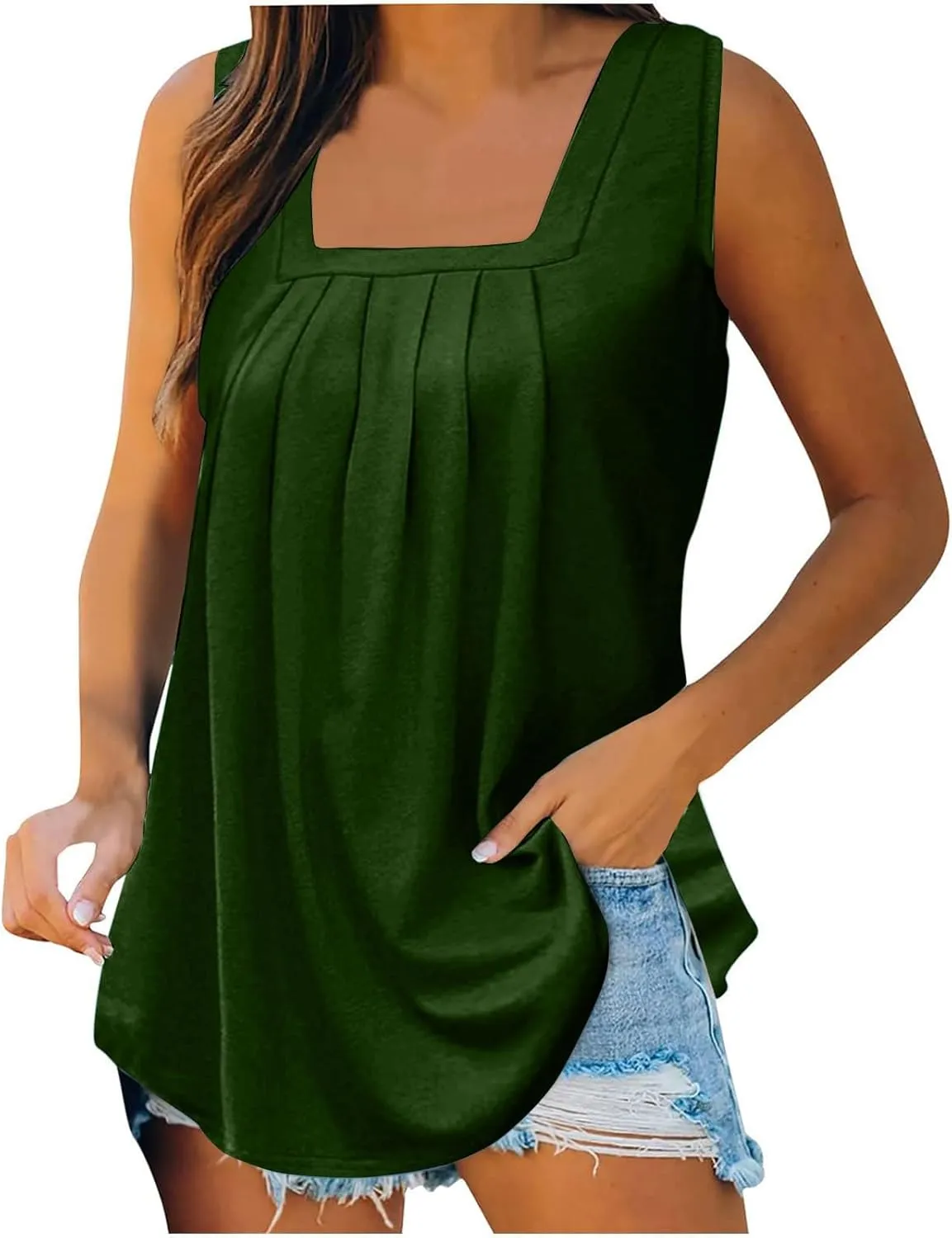 Women Loose Fit Tank Tops Cotton Pleated Square Neck Sleeveless Wide Strap Curved Ruffle Flowy Blouse Shirts