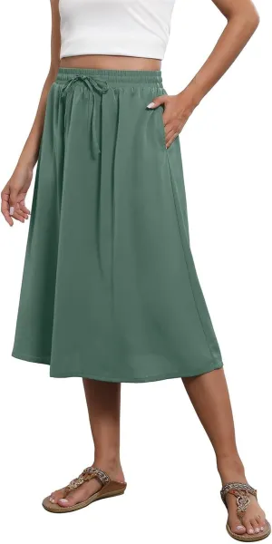 Women Midi Skirt Summer Drawstring High Waist Knee Length Skirts Pleated A Line Flowy Work Skirts with Pockets (S-2Xl)