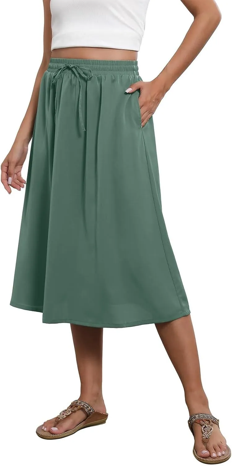 Women Midi Skirt Summer Drawstring High Waist Knee Length Skirts Pleated A Line Flowy Work Skirts with Pockets (S-2Xl)