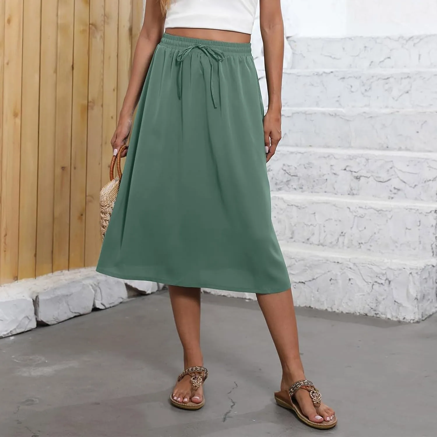Women Midi Skirt Summer Drawstring High Waist Knee Length Skirts Pleated A Line Flowy Work Skirts with Pockets (S-2Xl)