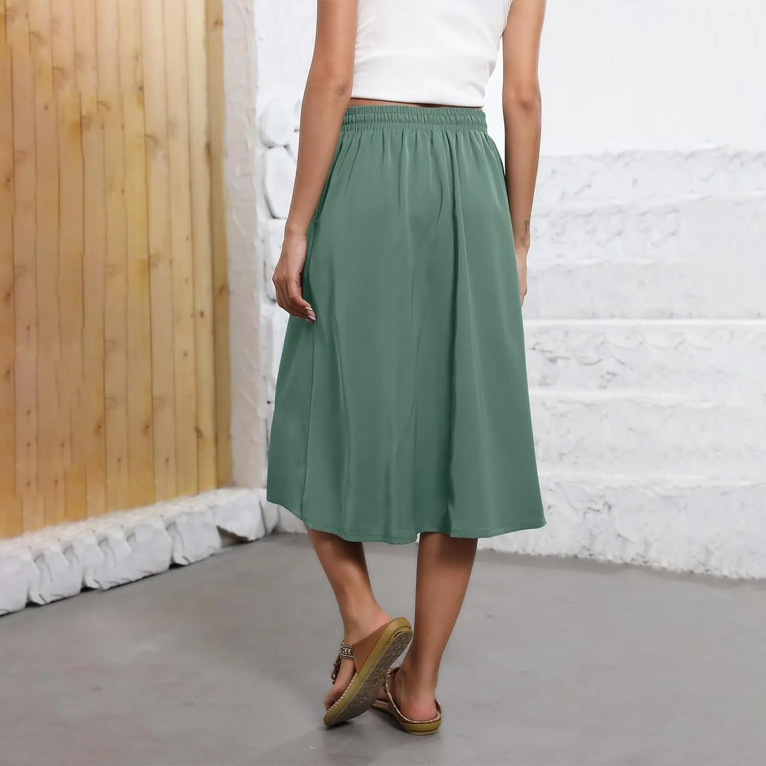 Women Midi Skirt Summer Drawstring High Waist Knee Length Skirts Pleated A Line Flowy Work Skirts with Pockets (S-2Xl)