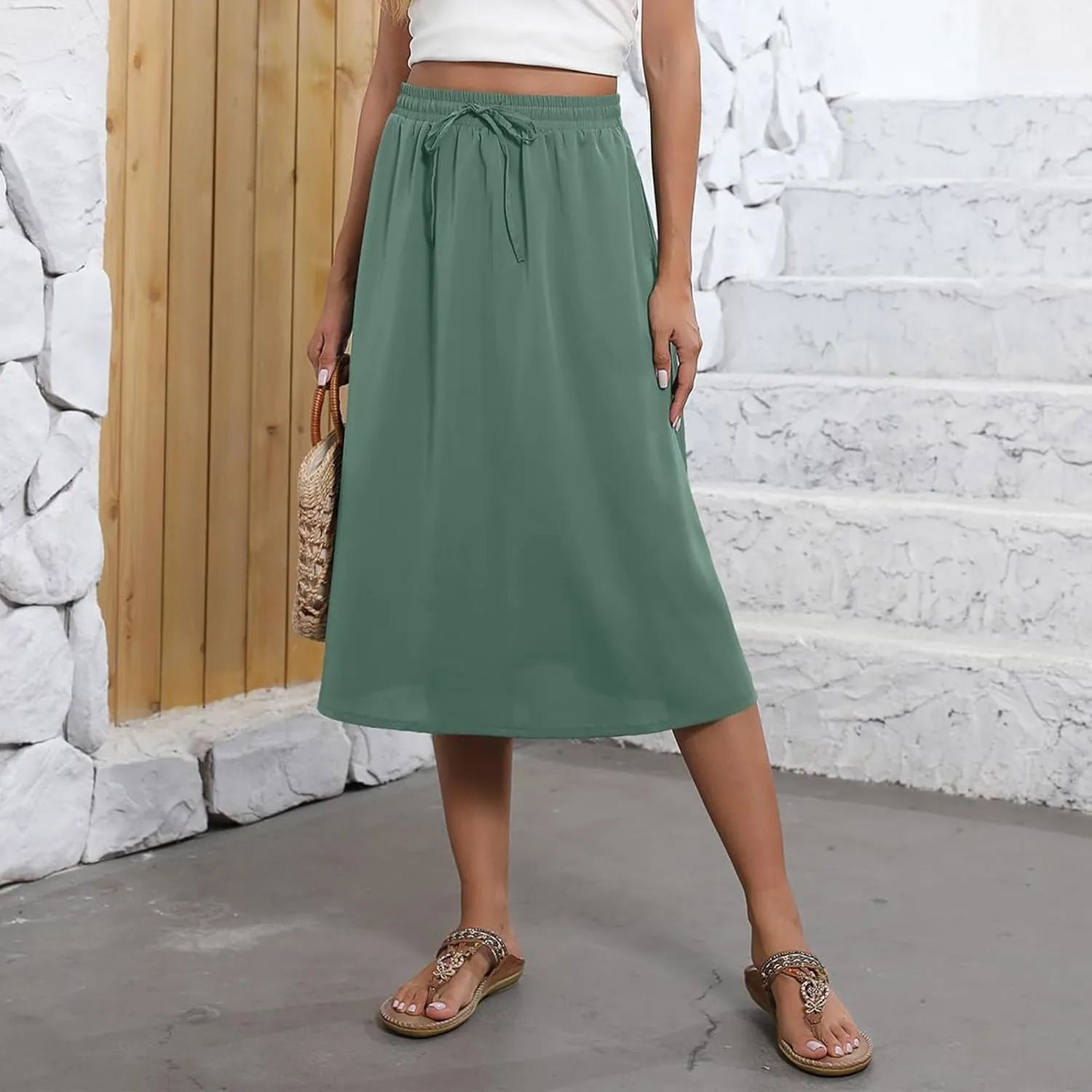 Women Midi Skirt Summer Drawstring High Waist Knee Length Skirts Pleated A Line Flowy Work Skirts with Pockets (S-2Xl)