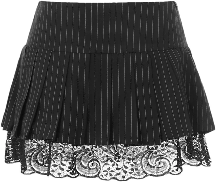 Women Mini Skirt High Waist Lace Hem A-Line Pleated Skirts