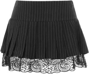 Women Mini Skirt High Waist Lace Hem A-Line Pleated Skirts