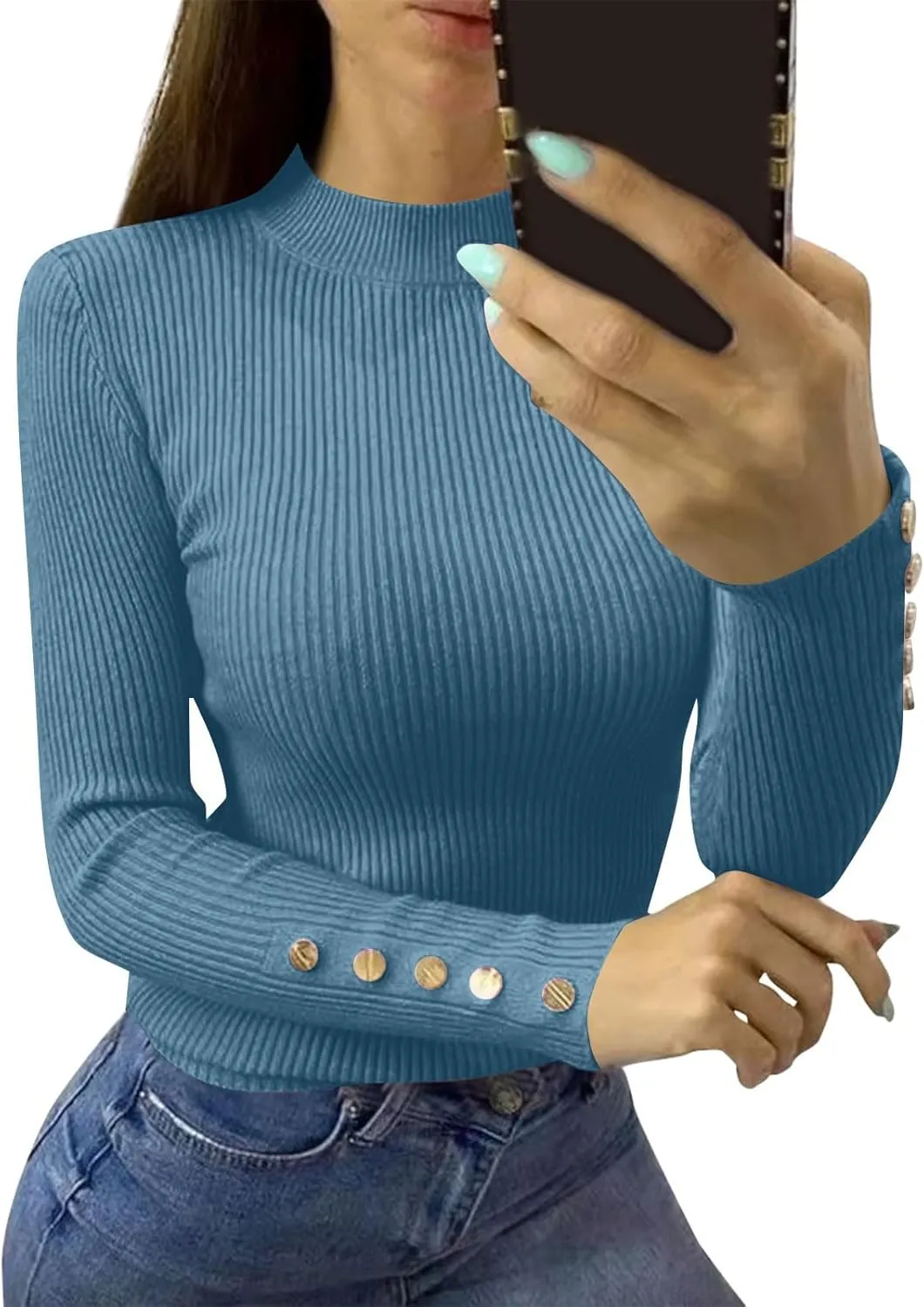 Women Mock Neck Tops Ribbed Knit Button Blouses Long Sleeve Winter Fit Slim Sweater Fall Y2K Shirts Cute Clothes