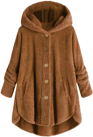 Women Plus Size Plush Coats Lamb Cashmere Hoodie Jackets Solid Color Button Hooded Loose Cardigan Wool Winter Coat
