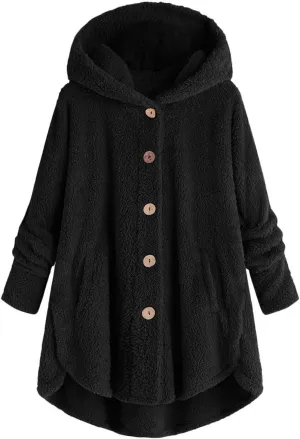 Women Plus Size Plush Coats Lamb Cashmere Hoodie Jackets Solid Color Button Hooded Loose Cardigan Wool Winter Coat