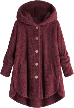 Women Plus Size Plush Coats Lamb Cashmere Hoodie Jackets Solid Color Button Hooded Loose Cardigan Wool Winter Coat
