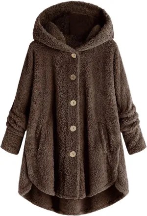 Women Plus Size Plush Coats Lamb Cashmere Hoodie Jackets Solid Color Button Hooded Loose Cardigan Wool Winter Coat