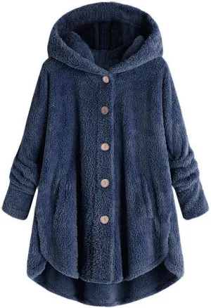 Women Plus Size Plush Coats Lamb Cashmere Hoodie Jackets Solid Color Button Hooded Loose Cardigan Wool Winter Coat