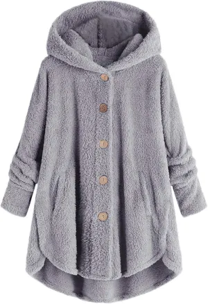 Women Plus Size Plush Coats Lamb Cashmere Hoodie Jackets Solid Color Button Hooded Loose Cardigan Wool Winter Coat