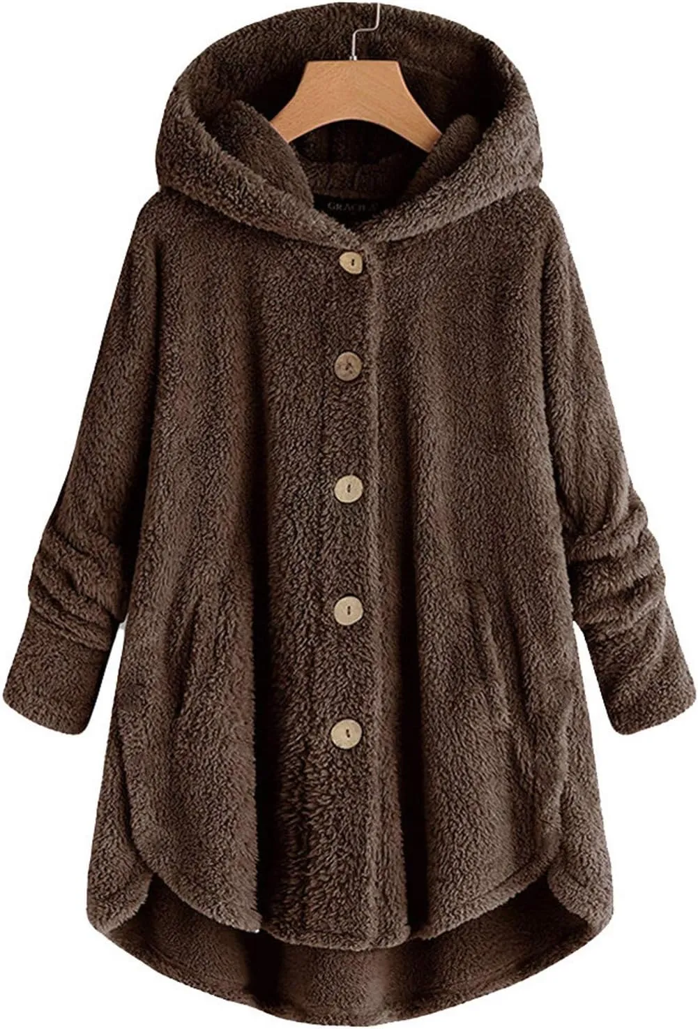 Women Plus Size Plush Coats Lamb Cashmere Hoodie Jackets Solid Color Button Hooded Loose Cardigan Wool Winter Coat