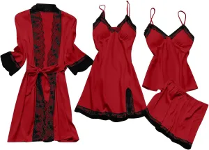 Women' Silk Satin Pajamas Set 4Pcs Sexy Lingerie Robe Set Lace Trim Cami Pajamas Shorts Lounge Sets Pants Loungewear