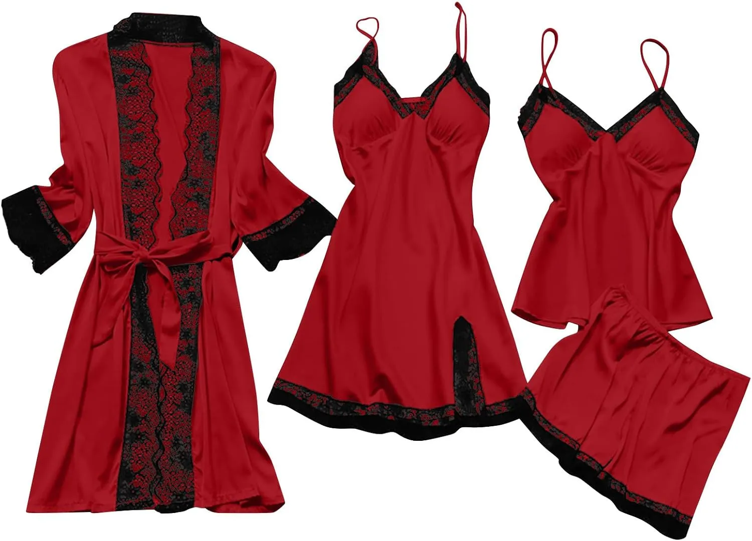 Women' Silk Satin Pajamas Set 4Pcs Sexy Lingerie Robe Set Lace Trim Cami Pajamas Shorts Lounge Sets Pants Loungewear