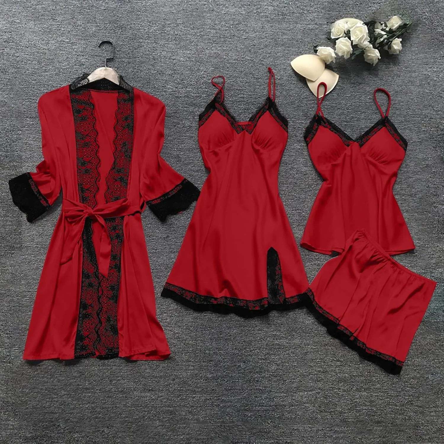 Women' Silk Satin Pajamas Set 4Pcs Sexy Lingerie Robe Set Lace Trim Cami Pajamas Shorts Lounge Sets Pants Loungewear