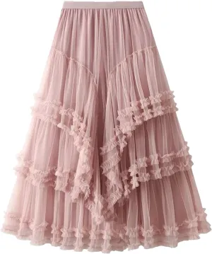 Women Slimming Multi-Layered Chiffon Ball Dress Elegant High Waisted Mesh A-Line Skirt