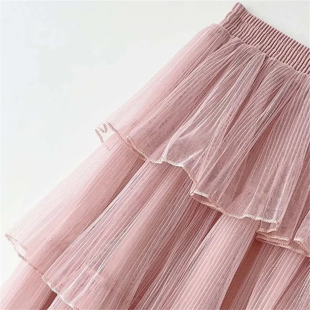 Women Solid Long Skirt Tiered Tulle A-Line Skirts Elastic Waist Loose Ankle-Length Skirts